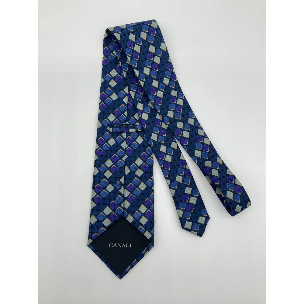 Canali Italy Men's Blue Purple Silver Geometric 100% Silk Neck Tie‎